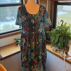 💜 La Cera 💐Patio Dress LG Cotton plus size midi button down Floral Cottagecore